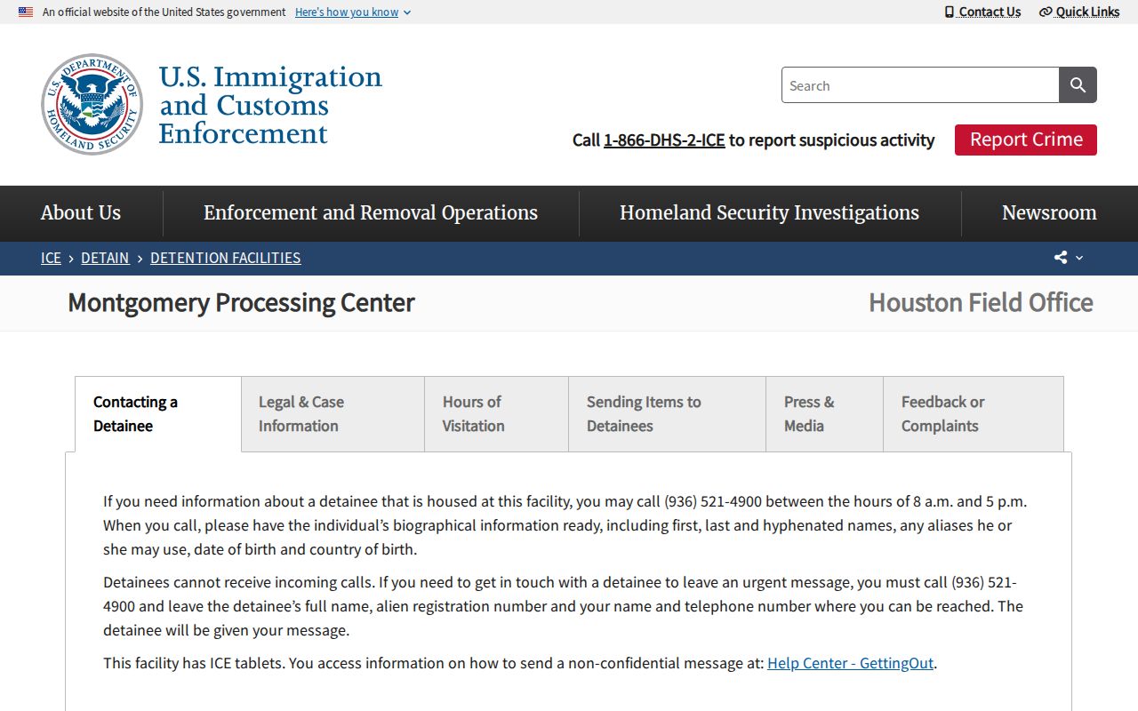 ICE Montgomery Processing Center page