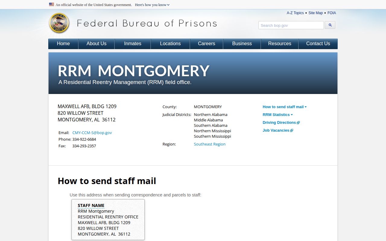 BOP page for Residential Reentry Management Montgomery